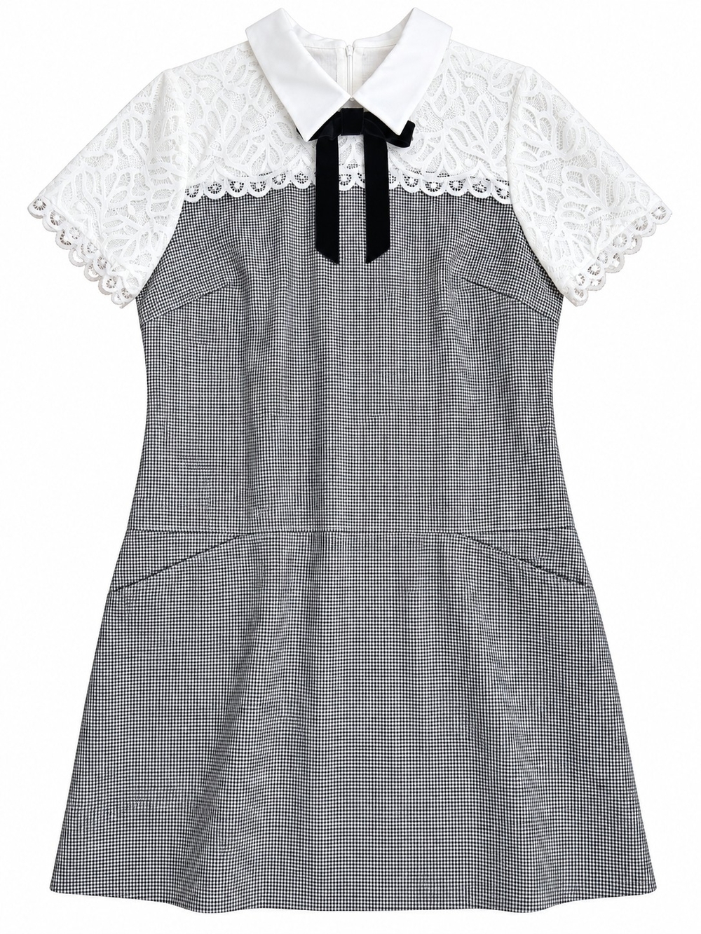 CeCe Black & White Lace-Yoke Bow A-Line Dress